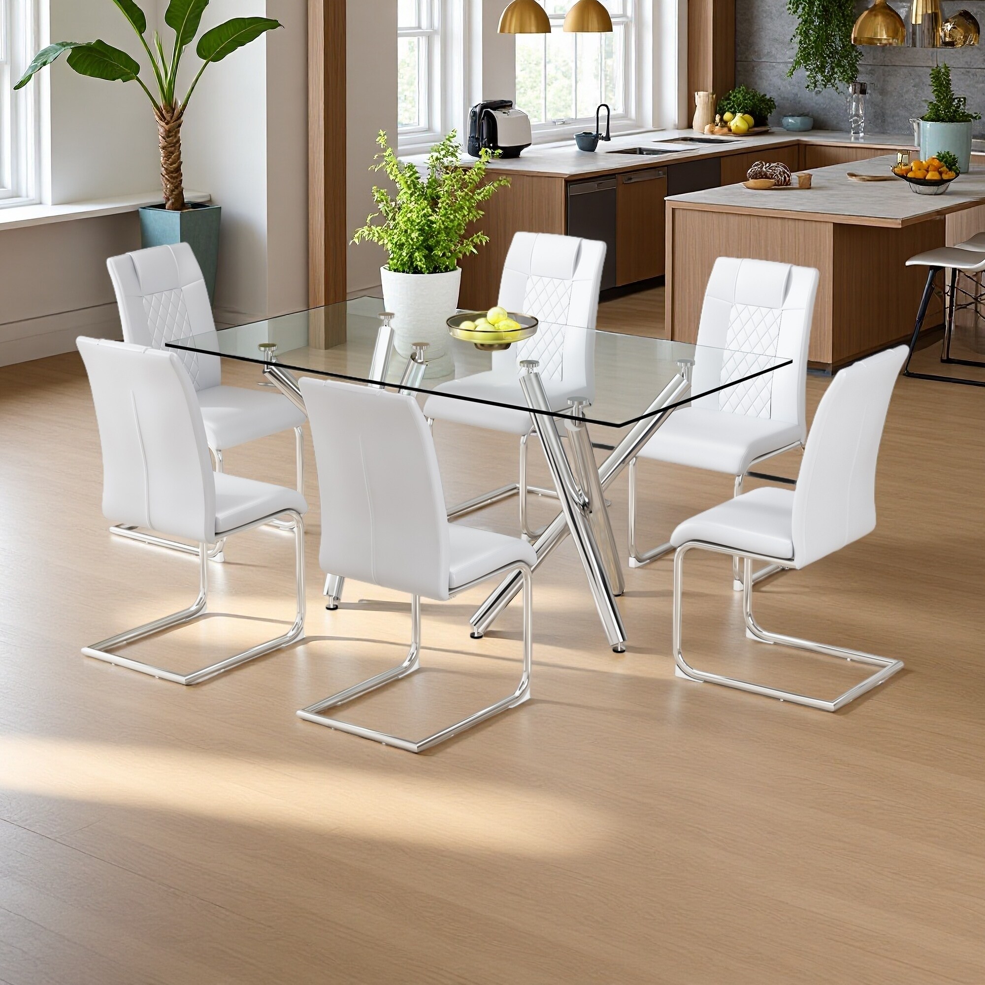 38"H Set of 6 Faux Leather Upholstered Dining Chairs with Metal Legs