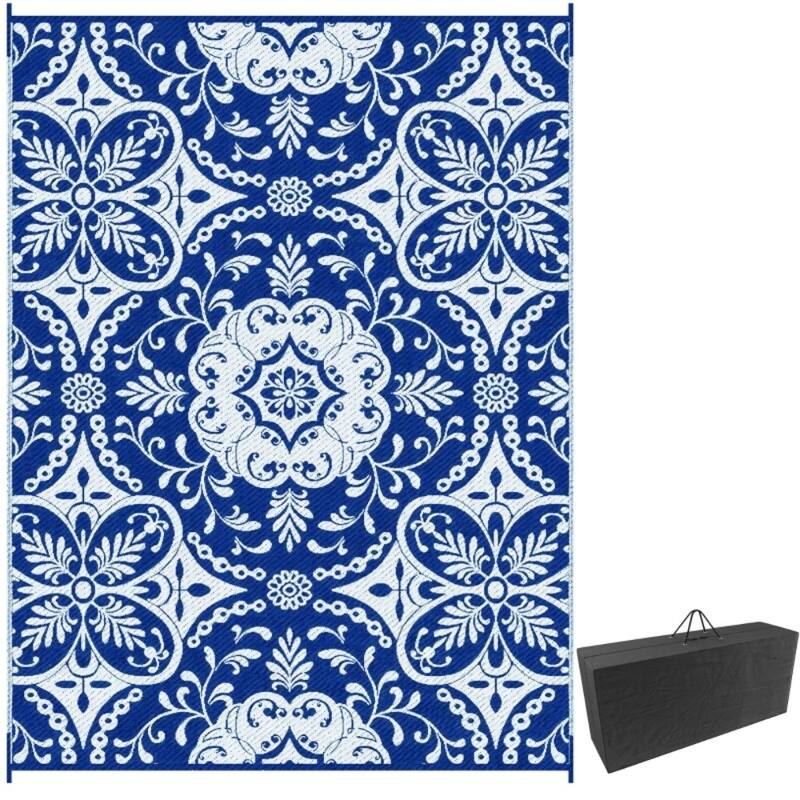 Reversible Outdoor Rug with Carry Bag Large Picnic Blanket for Camping, RV Trips, Beach - 143.7" L x 107.9" W - Blue-White