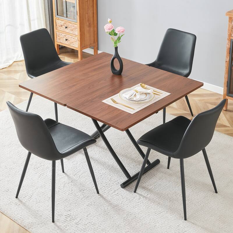 Table and chair set.Modern Multifunctional Lifting Platform, Paired with 4 Black Artificial PU Chairs