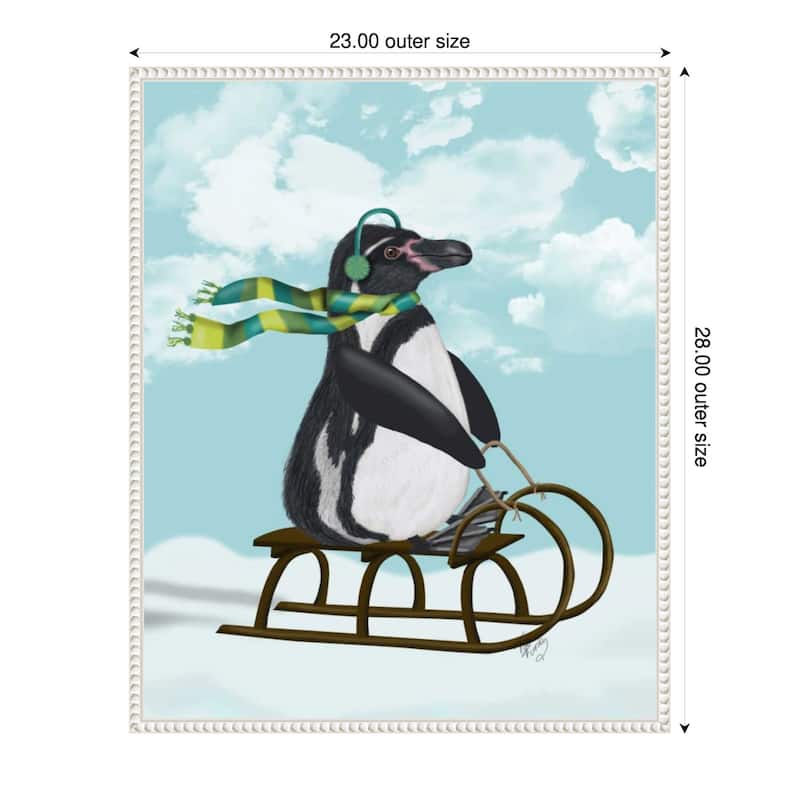 Penguin On Sled by Fab Funky (23 x 28 in.), Framed Canvas Wall Art Print - Sylvie Beaded White