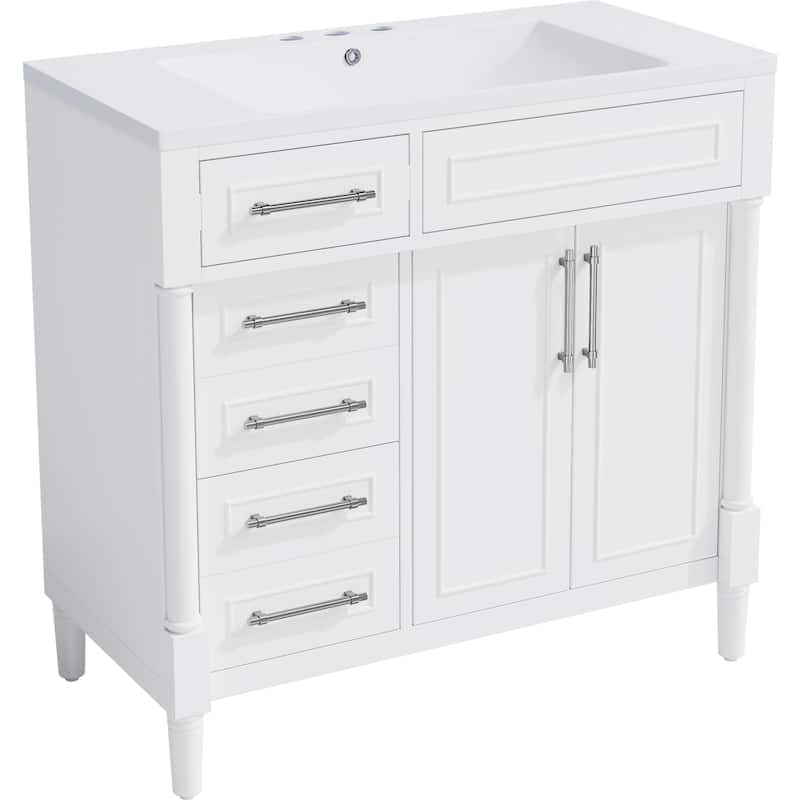 Roomfitters 36" Vanity with Resin Sink, Cabinet with 2 Drawers and Tip-out Tray, Solid Wood Freestanding Unit, Adjustable Shelf