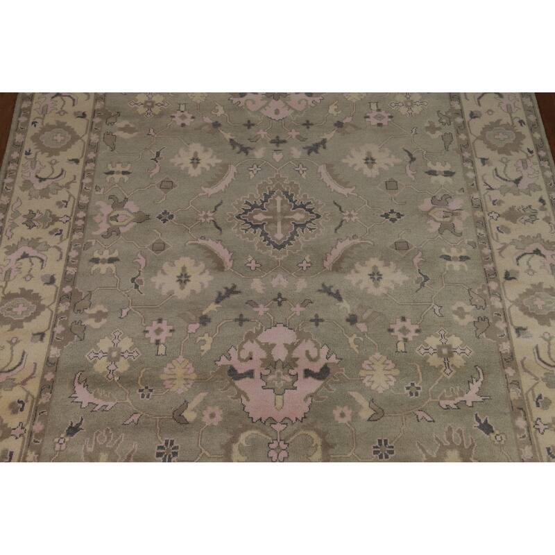 Transitional Oushak Indian Area Rug Handmade Green Wool Carpet - 9'0" x 12'0"