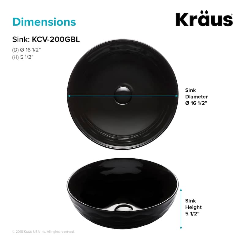 KRAUS Viva 16 1/2 inch Round Porcelain Ceramic Vessel Bathroom Sink