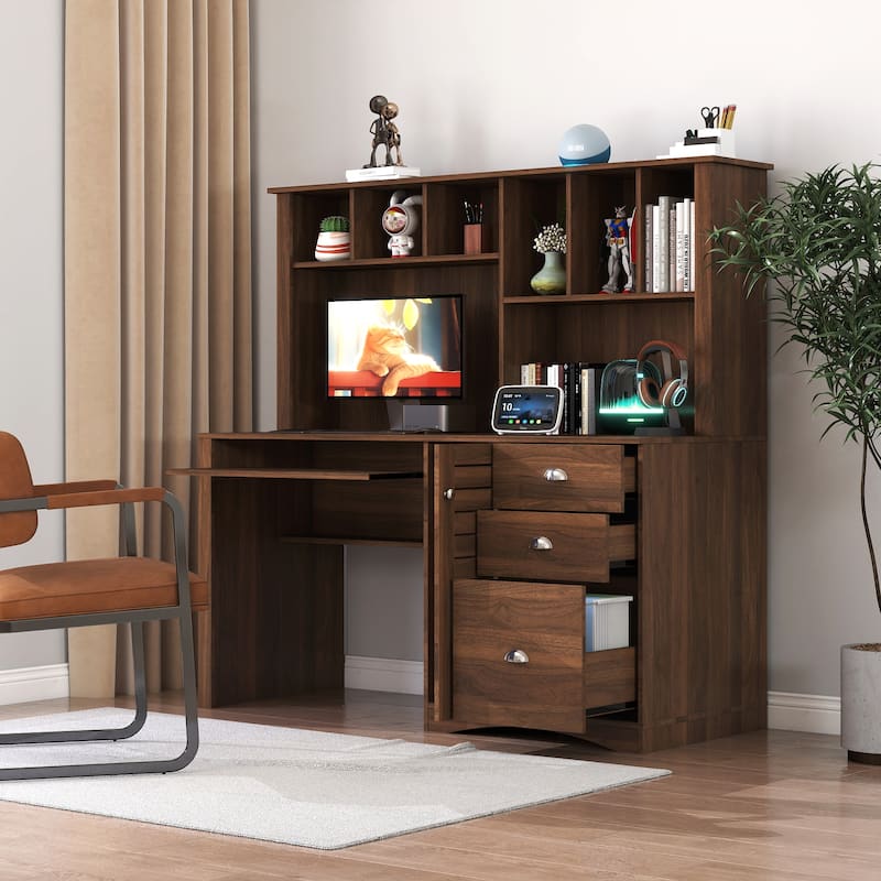 Antiqued White Home Office Desk with Hutch‌ - Walnut