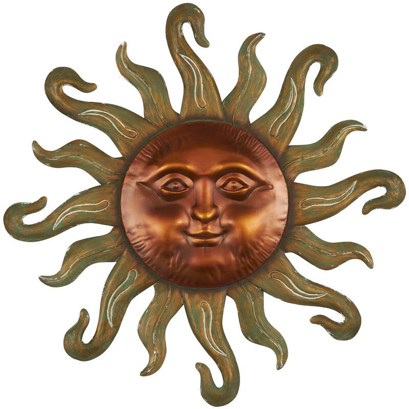 Copper Metal Sun Home Wall Decor with Smiling Face and Curved Rays