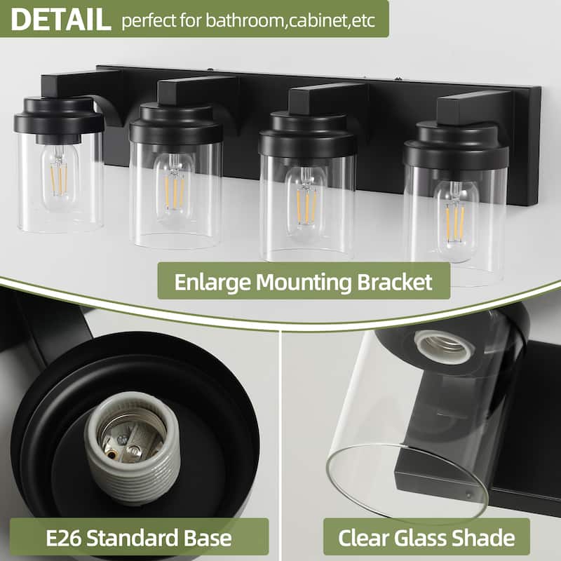 4 Light Bathroom Vanity Light, Matte Black Bathroom Light Fixtures with Clear Glass Shade, Vanity Light Fixtures Over Mirror