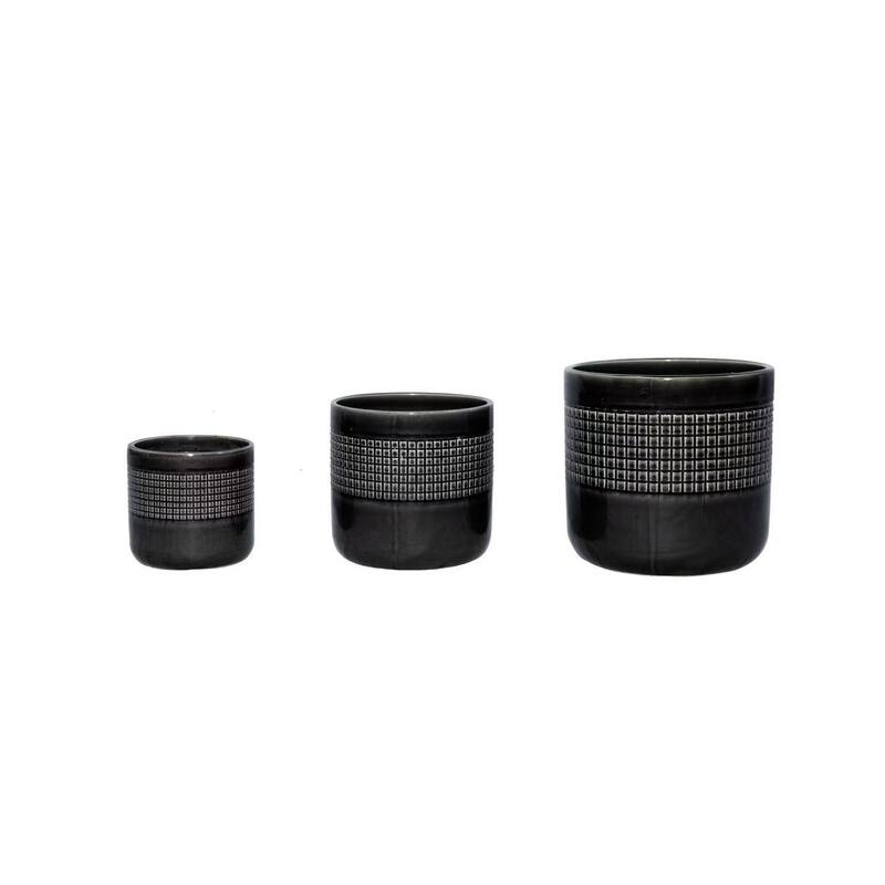 Onyx Black Ceramic Planter Set of 3 - 9.6" Cube Modern Plant Pots with Drainage & Stripes