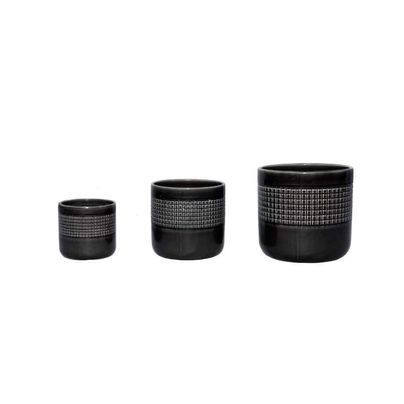 Set of 3 Grid Ceramic Flowerpot, Modern Planter for Patio, Garden, Windowsill - Black