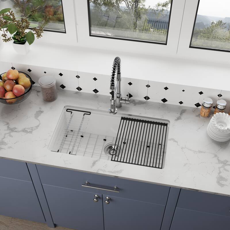 33 in. Undermount Single Bowl Fireclay Workstation Kitchen Sink with Drying Rack & Cutting Board - Includes Accessories