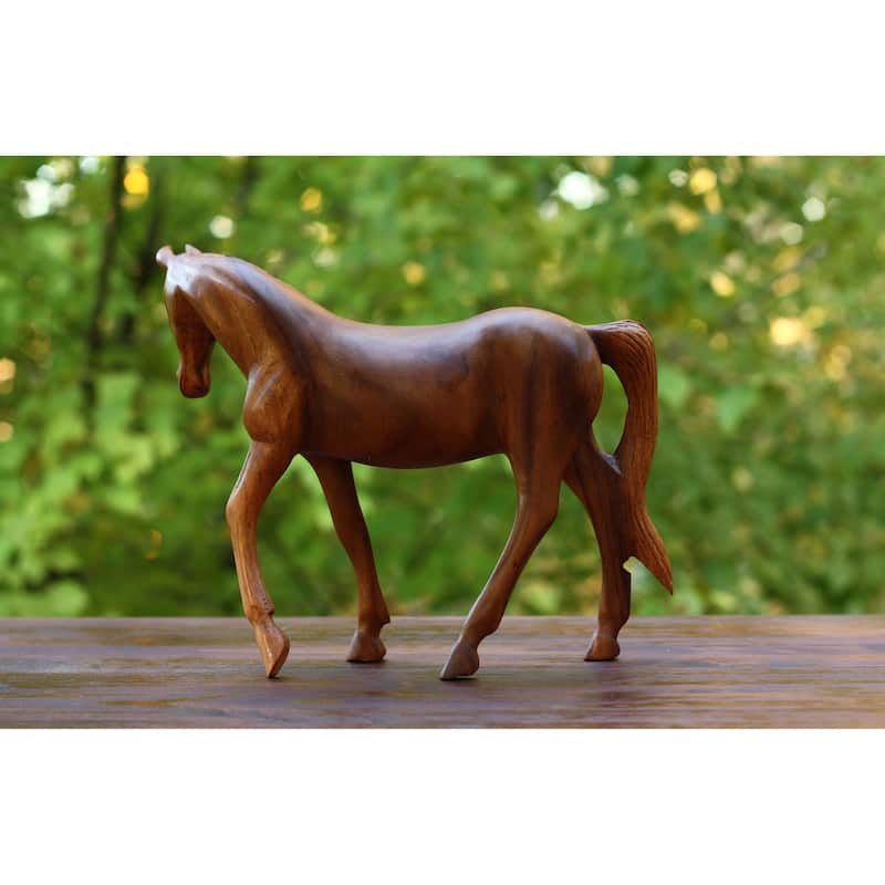 12" Large Wooden Hand Carved Walking Horse Art Figurine Statue Sculpture Handcrafted Handmade Home Decor Accent Decoration