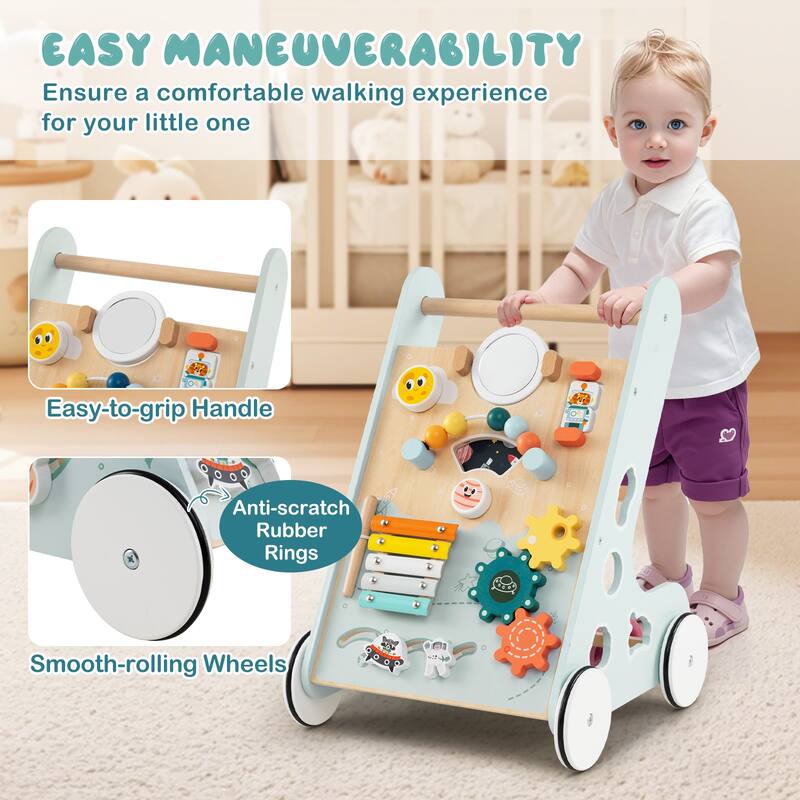 Green MDF Space-Themed Baby Walker with 8-in-1 Activity - 14" L x 13" W x 18.5" H