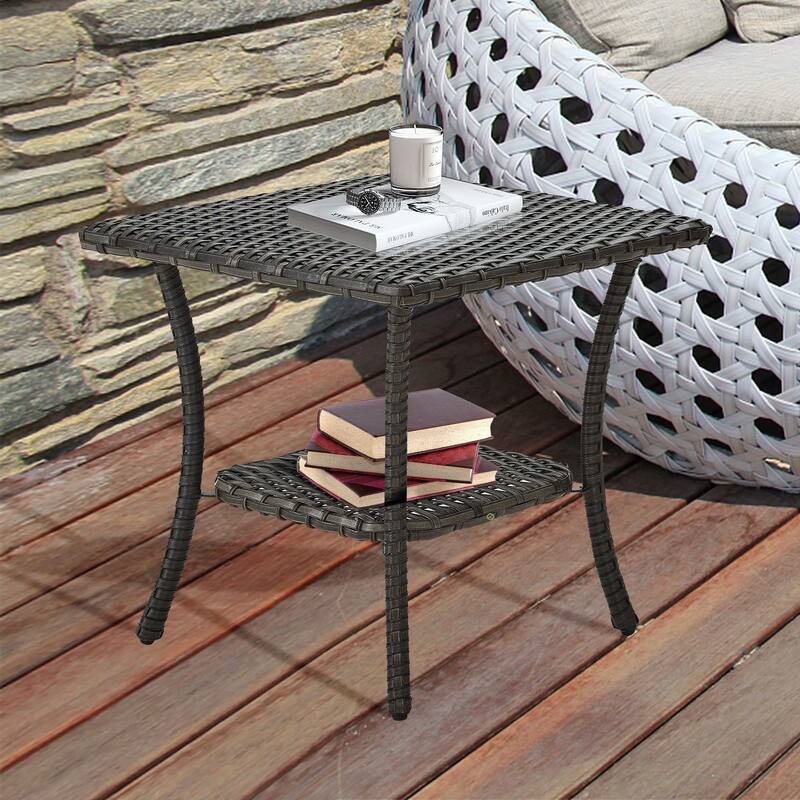 Outdoor Wicker Storage Side Table - Brown