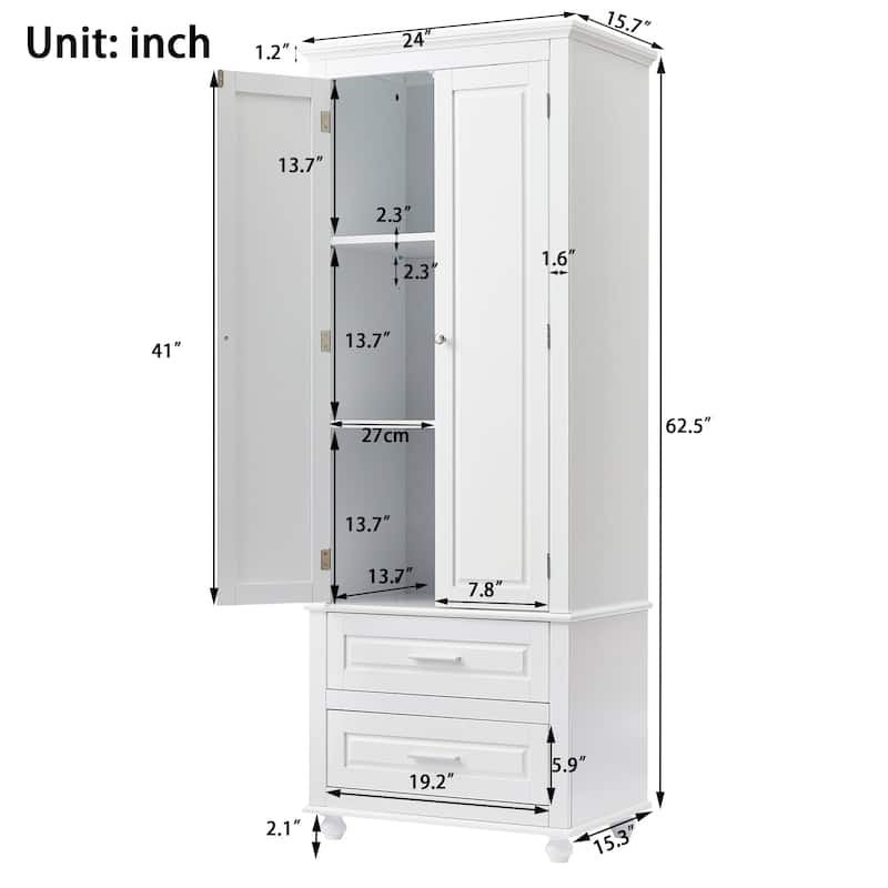 Tall Storage Cabinet with Two Drawers for Bathroom/Office - 24"x62.5"