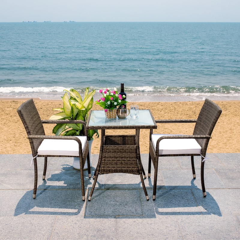 SAFAVIEH Outdoor Sheva 3-Piece Bistro Set - 24Wx24Dx33H - Grey Brown/White Cushion