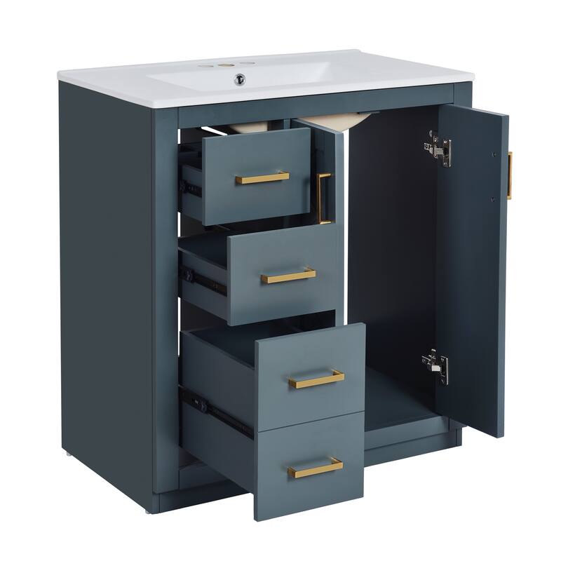 30" Modern Bathroom Vanity Combo with Ceramic Sink, Solid Wood Frame, 3 Drawers, Storage Cabinet