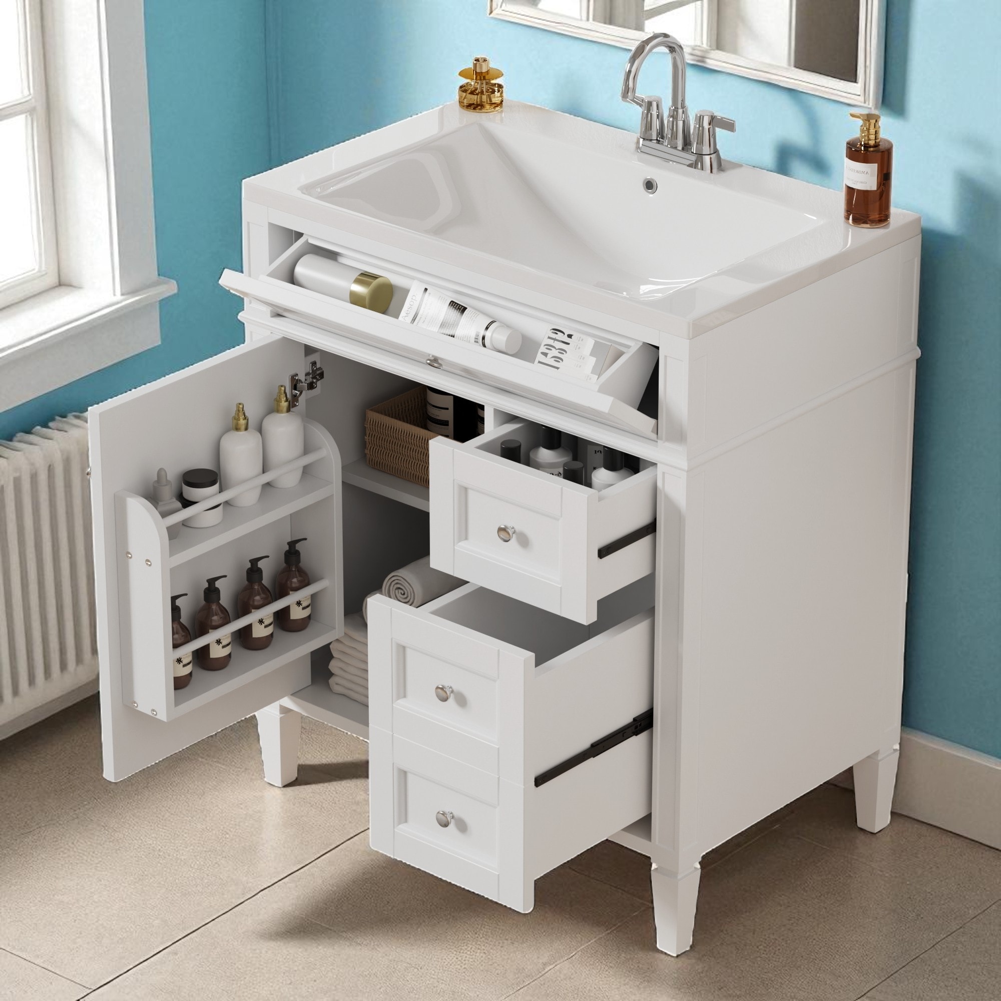 30 Inch Modern Bathroom Vanity with Resin Sink, 3 Drawers, Tip-Out Tray, Cabinet Door Organizer, Adjustable Shelf