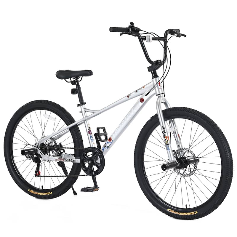 Freestyle Kids Mountain Bike, 26-inch, Shimano 7-Speed, Double Disc Brakes, Purple Bicycle for Boys & Girls 12+ Years - Silver