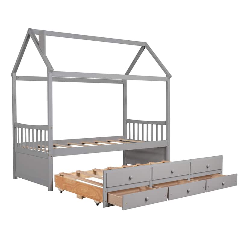 Twin Wooden House Bed with Pull-Out Trundle and Additional Drawers