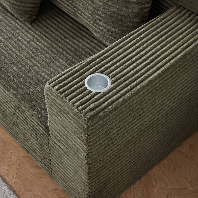 Modular Sectional Cloud Couch, Oversized Corduroy Fabric Deep Seat Sofa, Upholstered Sofa with Armrests & Cup Holders - Green