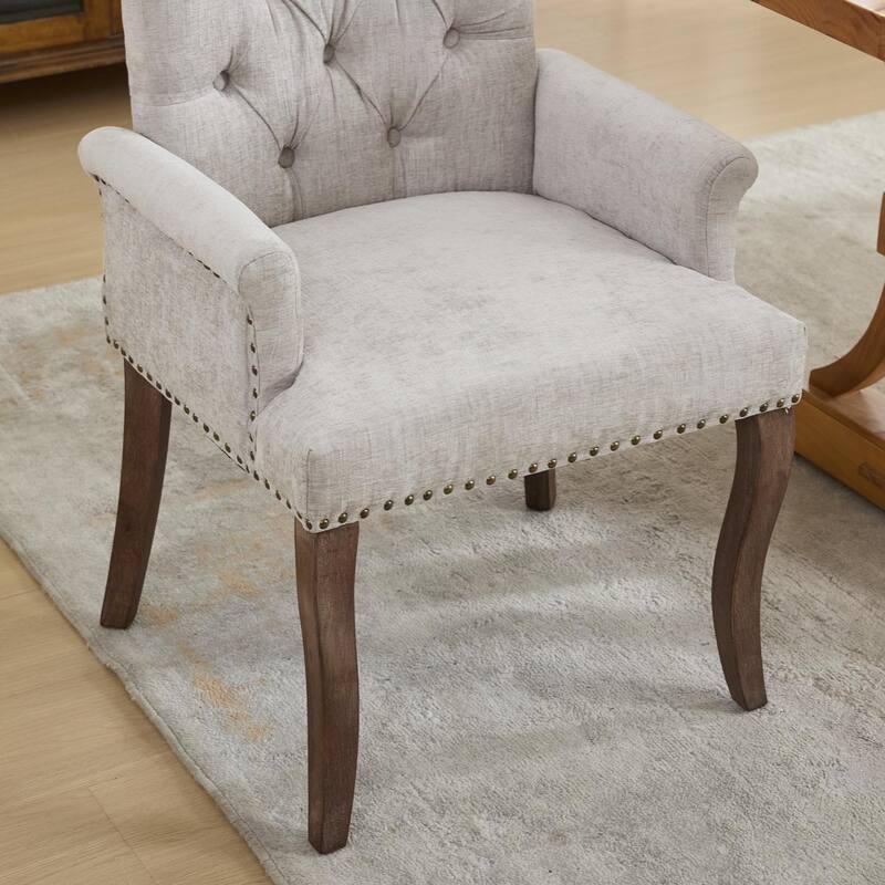 Upholstered Chenille Dining Chairs, Tufted Accent Armchairs with Curved Solid Wood Legs, Dining Room Arm Chair