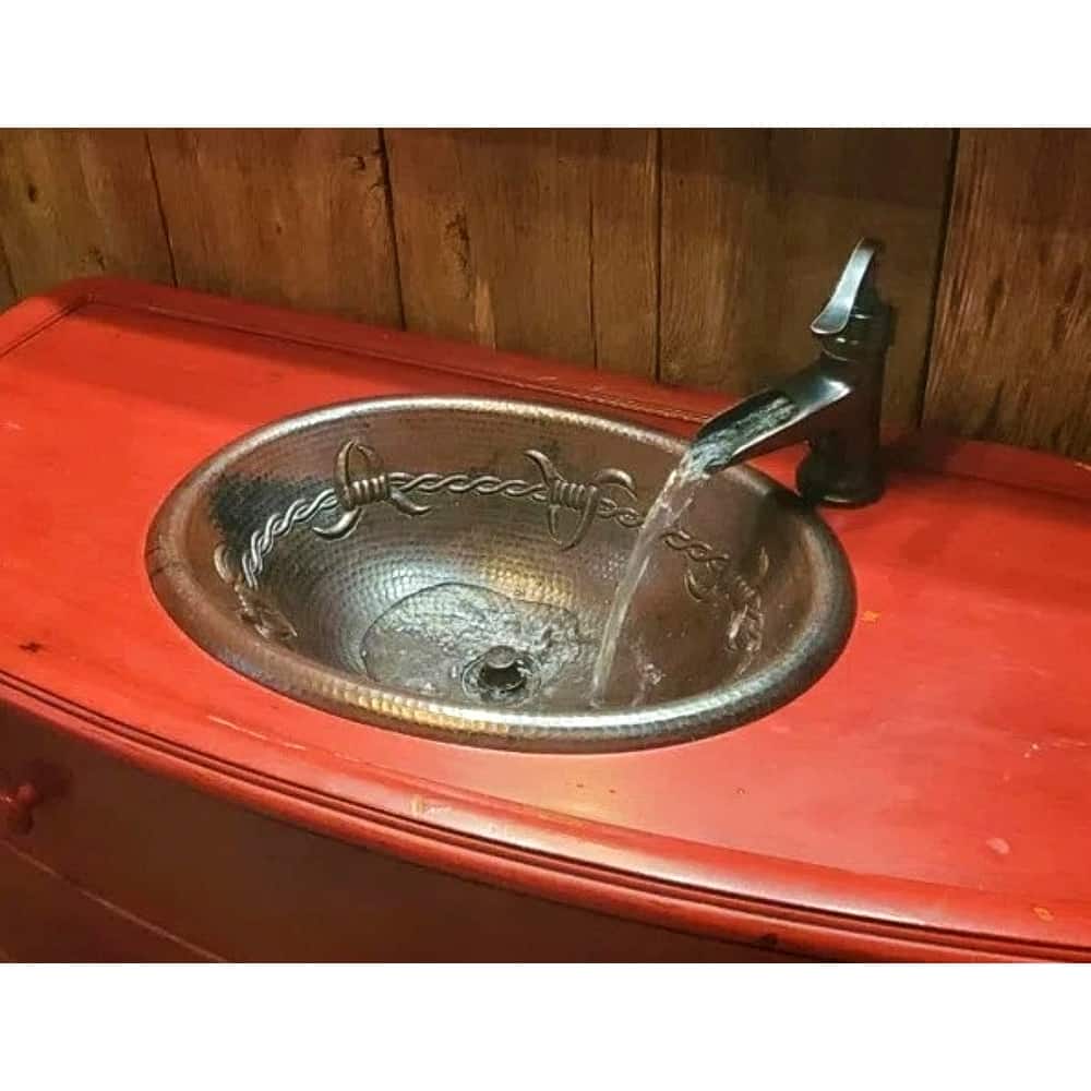 16" Oval Copper Bathroom Sink with Barbed Wire Design by SimplyCopper - 16" X 12" X 4.5"