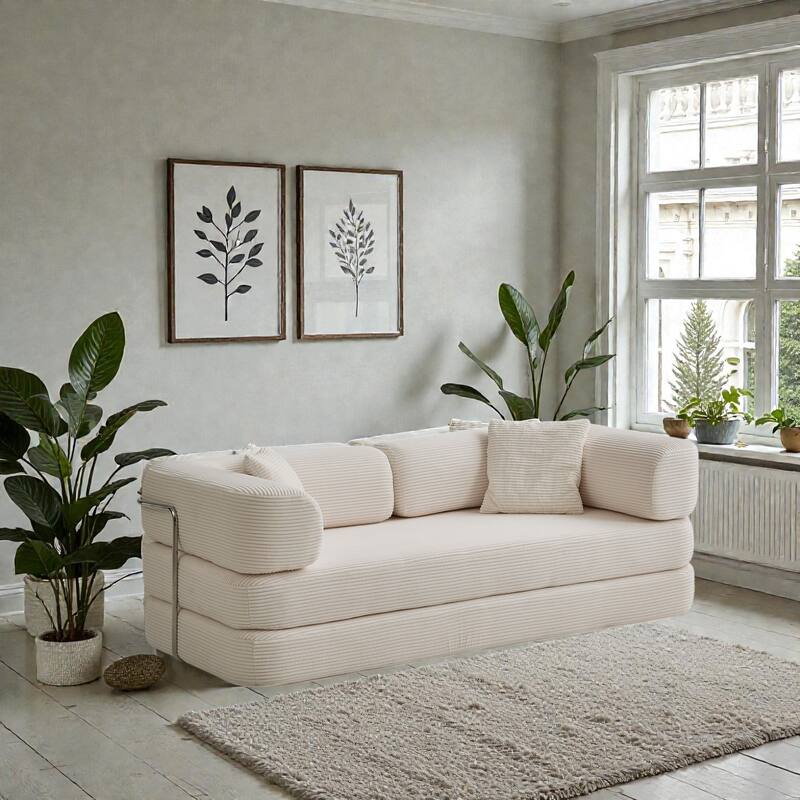 Convertible Floor Sofa Bed, 5-in-1 Modular Compressed Couch with Blanket Pillow, Corduroy Foam Sleeper - Cream