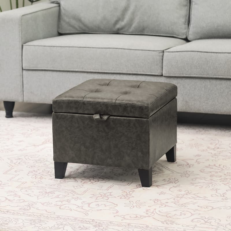 Adeco Faux Leather Tufted Flip Top Storage Ottoman - Dark-Grey-Faux-Leather