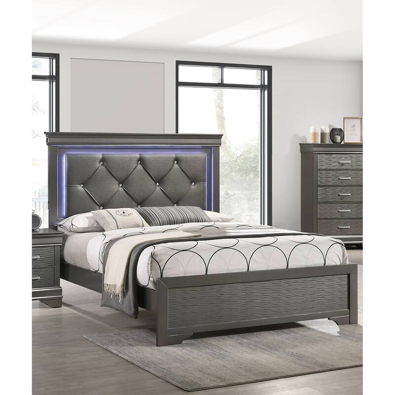 Dark Gray Faux Leather Tufted Headboard 1pc Queen Size Bed w LED Bedroom Furniture Gray Unique Texture FB Solid wood - Dark Gray,Gray