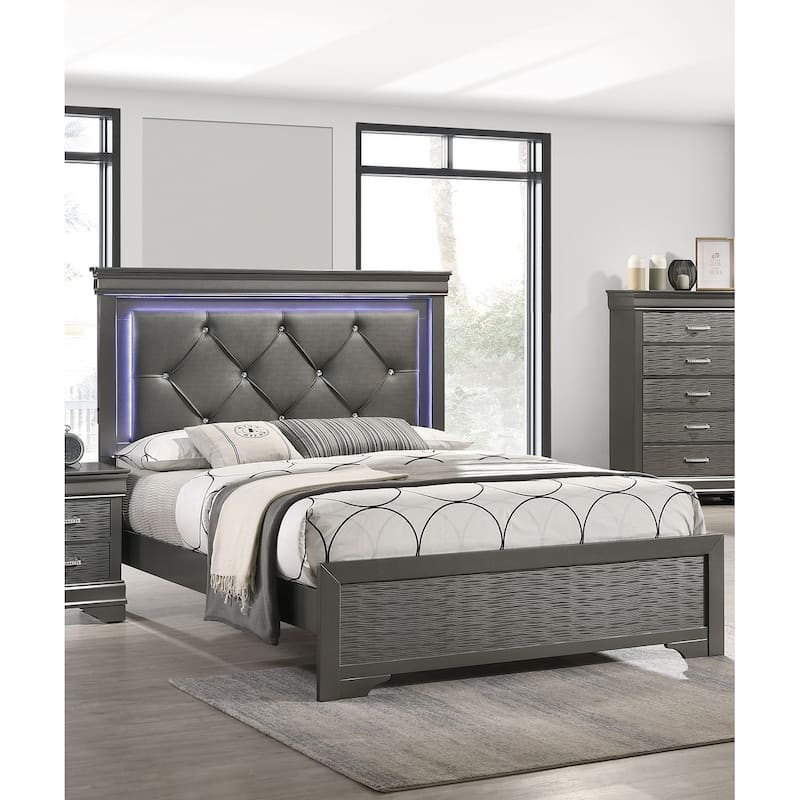 Queen Size Dark Gray Faux Leather Tufted LED Headboard Bed with Unique Textured Footboard