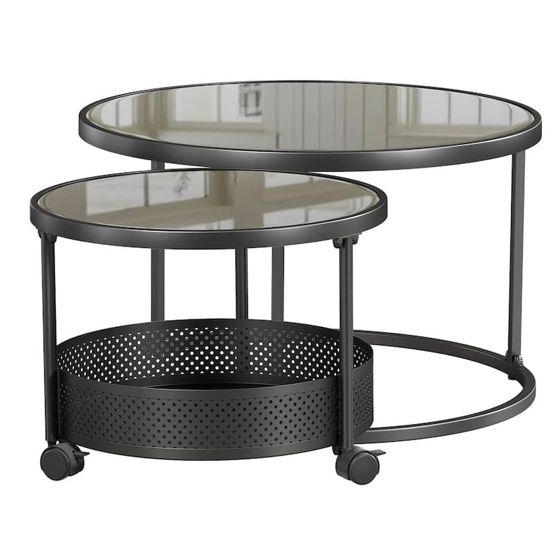 Meyreso Round Tempered Glass Nesting Coffee Tables with Metal Frame - Black