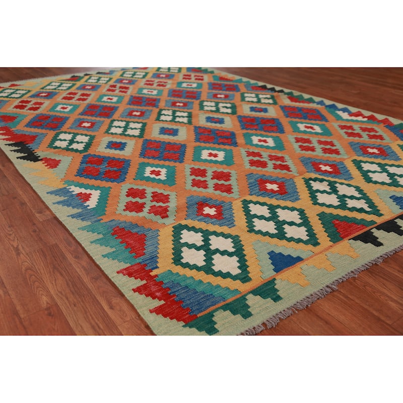 Hand Woven Oriental 100% Wool Carpet Southwestern Geometric Oranges & Rust Kilim Area Rug - 8' 6'' X 5' 7''