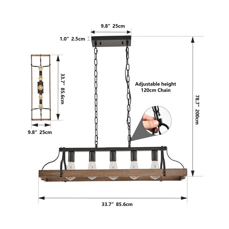 5-Light Black & Walnut Pendant - Adjustable Farmhouse Chandelier