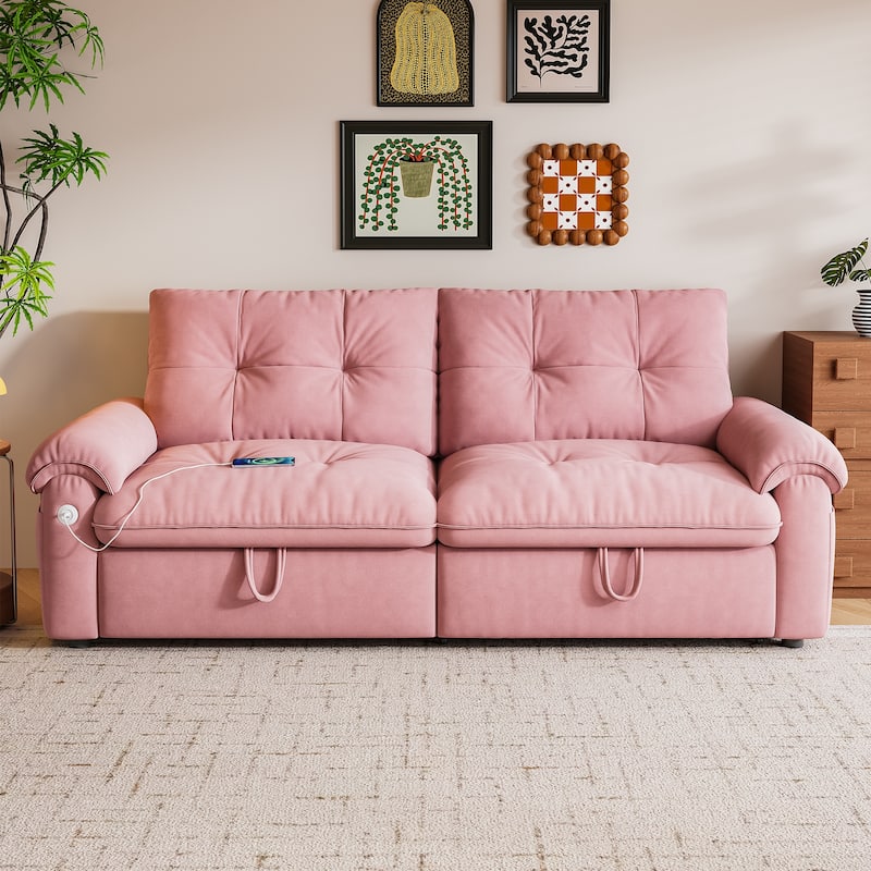 2-in-1 Velvet Pull Out Sleeper Sofa Bed Convertible Loveseat Couch for Sitting, Napping or Sleeping with Side Pockets and USB