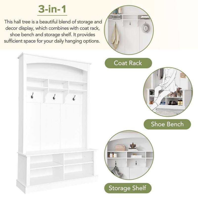 47.2"Wide Hall Tree Multi-functional Shoe Storage with 3 Hanging Hooks