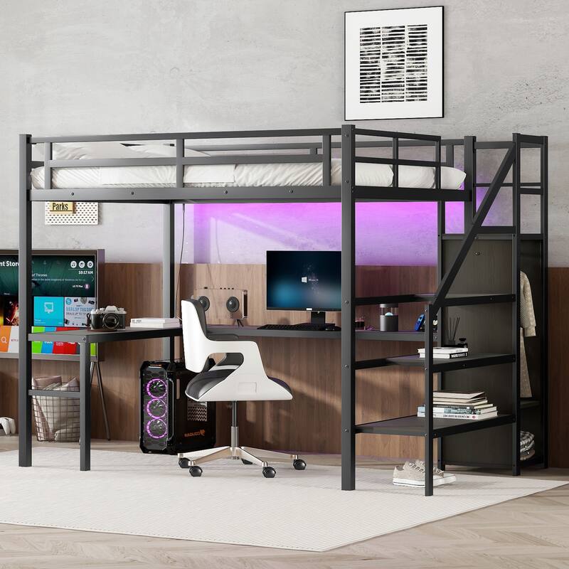 Full XL Metal Loft Bed with L-shaped Desk, Wardrobe, USB, and LED Lighting for Kids, Teens, and Adults