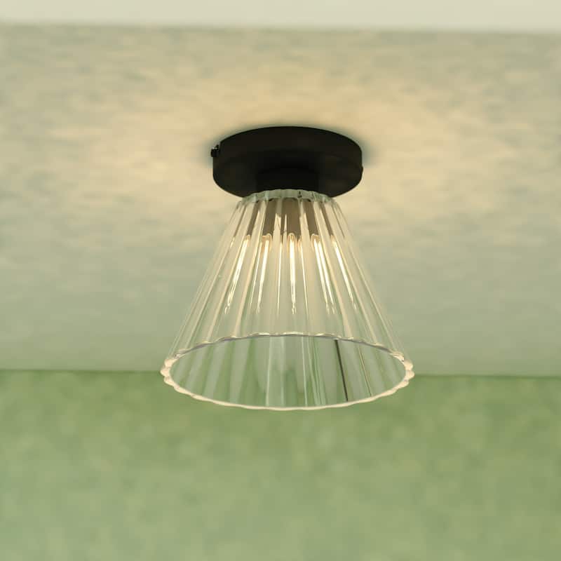 Dalton 1-Light Matte Black Cone Flush Mount Lighting Fixture, Clear Ribbed Glass Shade Low Ceilings Hallway Kitchen - Matte Black - 8-in W x 7.5-in H x 8-in D