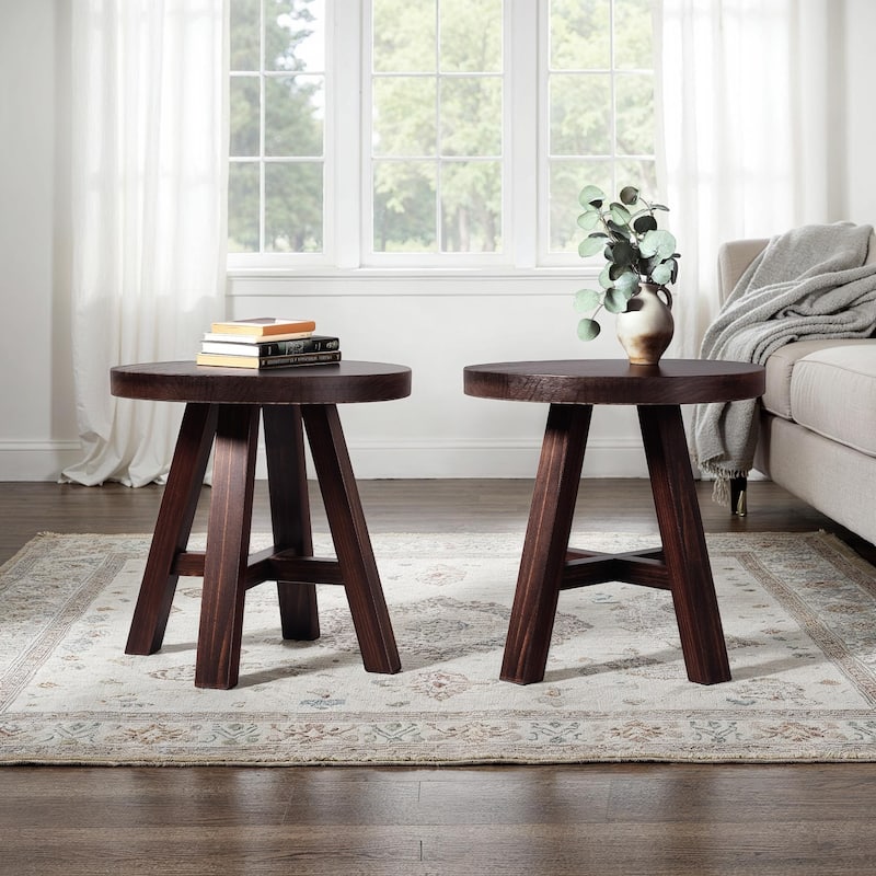 Walker Edison Modern Farmhouse Circle Solid Wood Side Table (Set of 2) - Espresso - Wood