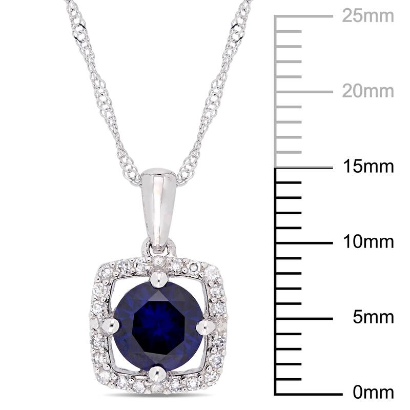 Miadora 10k White Gold Created Blue Sapphire and 1/10ct TDW Diamond Floating Square Halo Dangle Necklace