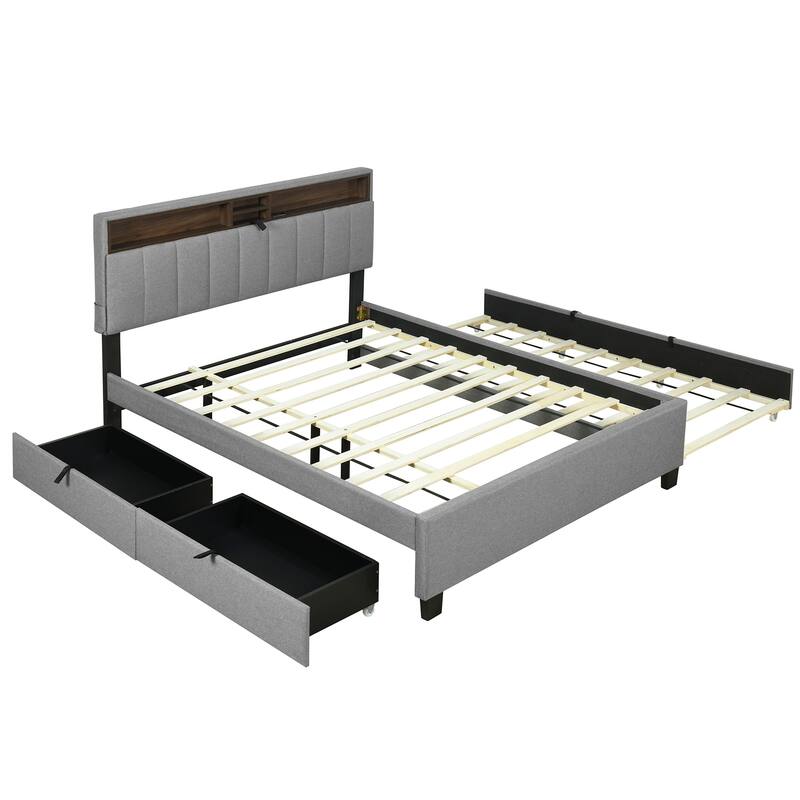Queen Size Upholstered Platform Bed with Storage, USB Ports, Twin XL Trundle, and Drawers, Gray Linen Fabric