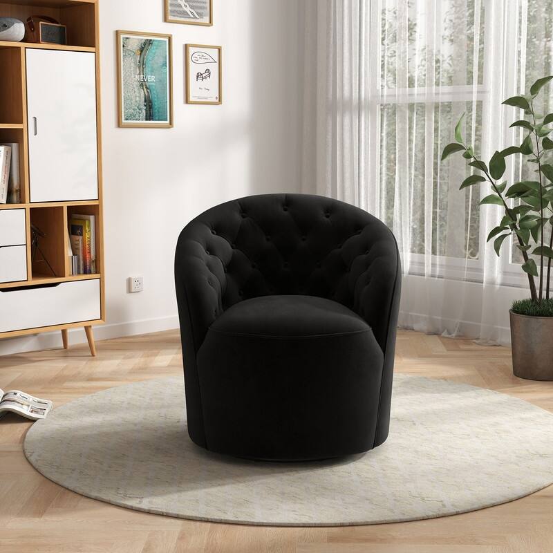 SEYNAR Modern Velvet Upholstered 360 Degree Swivel Barrel Chair with Button Tufted Back - Black