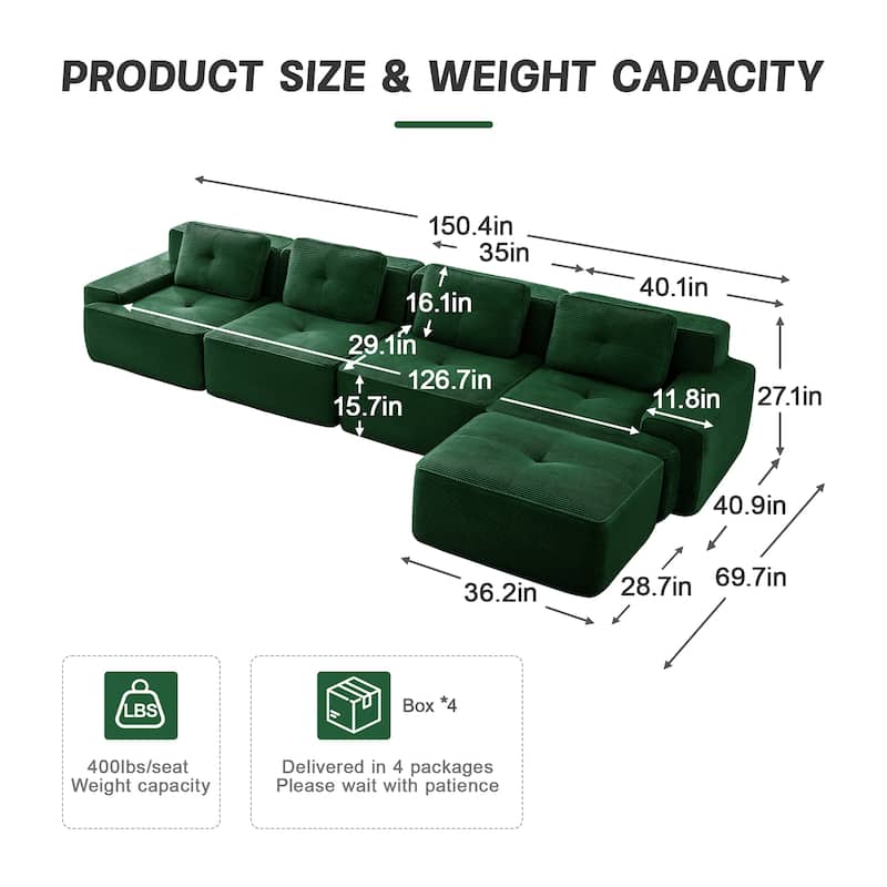 Roomfitters No Assembly Modular Sofa, 117 Inch Corduroy 3-Seater with Piping, Green