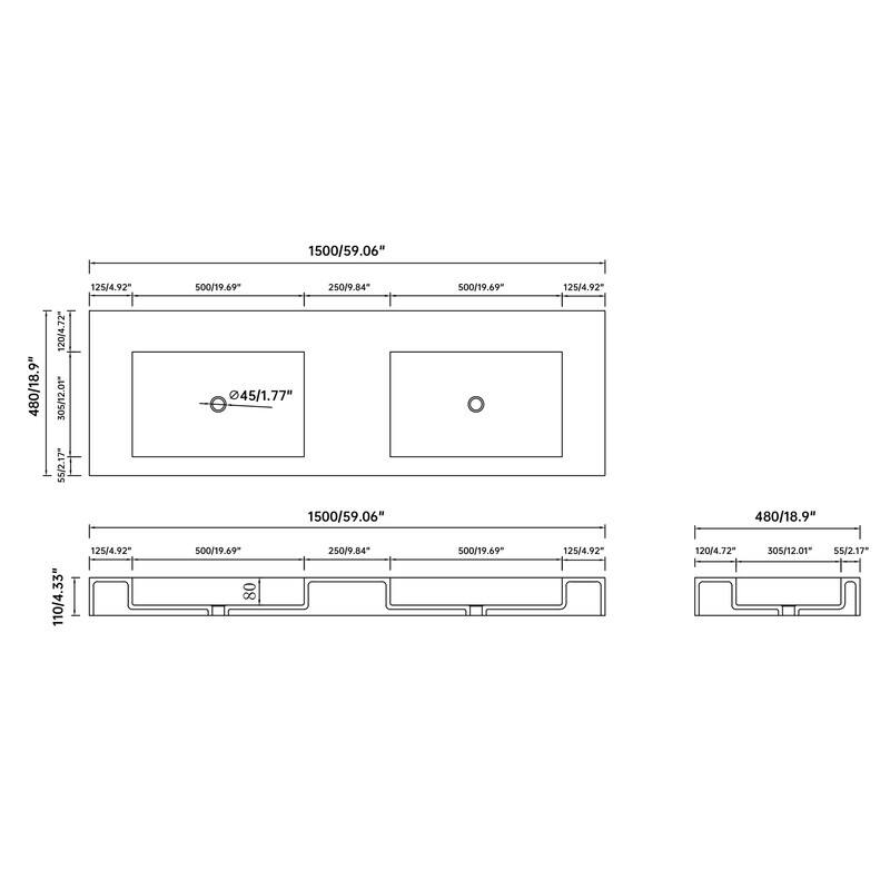 Tubcraft 47/59 in. Stone Solid Surface Wall-Mounted Rectangular Double Vessel Bathroom Sinks