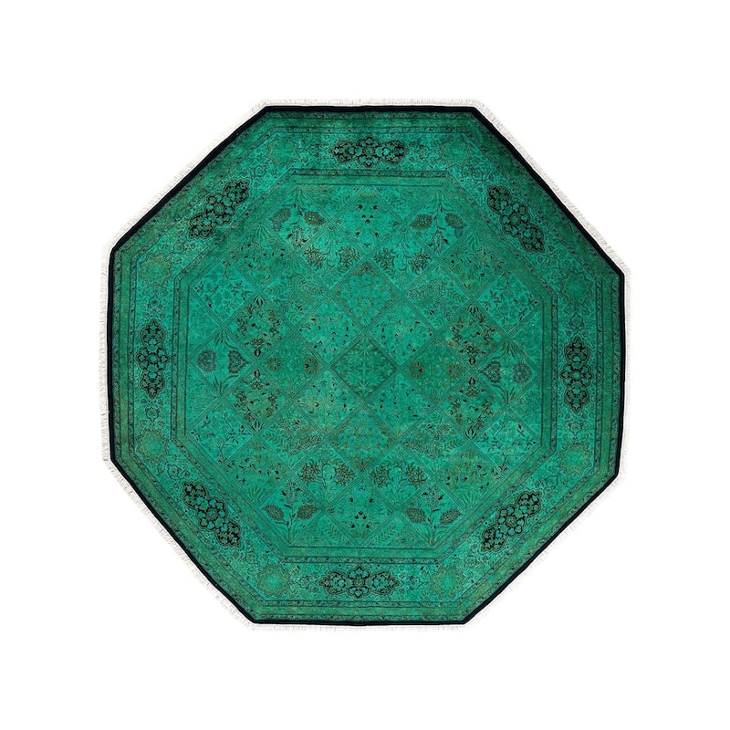 Overton Hand Knotted Wool Vintage Inspired Modern Contemporary Overdyed Green Octagon Area Rug - 7' 1" x 7' 1"
