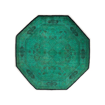 Overton Hand Knotted Wool Vintage Inspired Modern Contemporary Overdyed Green Octagon Area Rug - 7' 1" x 7' 1"
