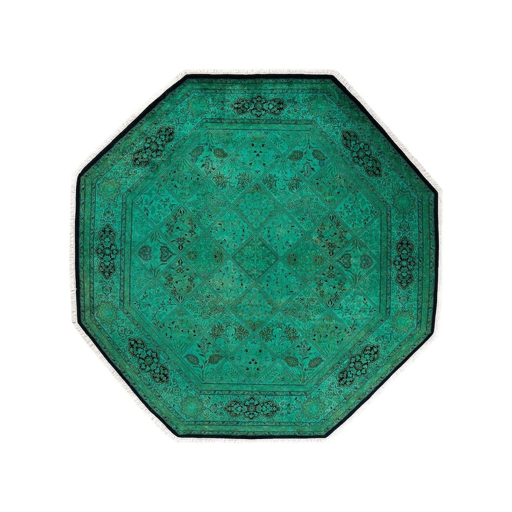 Overton Hand Knotted Wool Vintage Inspired Modern Contemporary Overdyed Green Octagon Area Rug - 7' 1" x 7' 1"