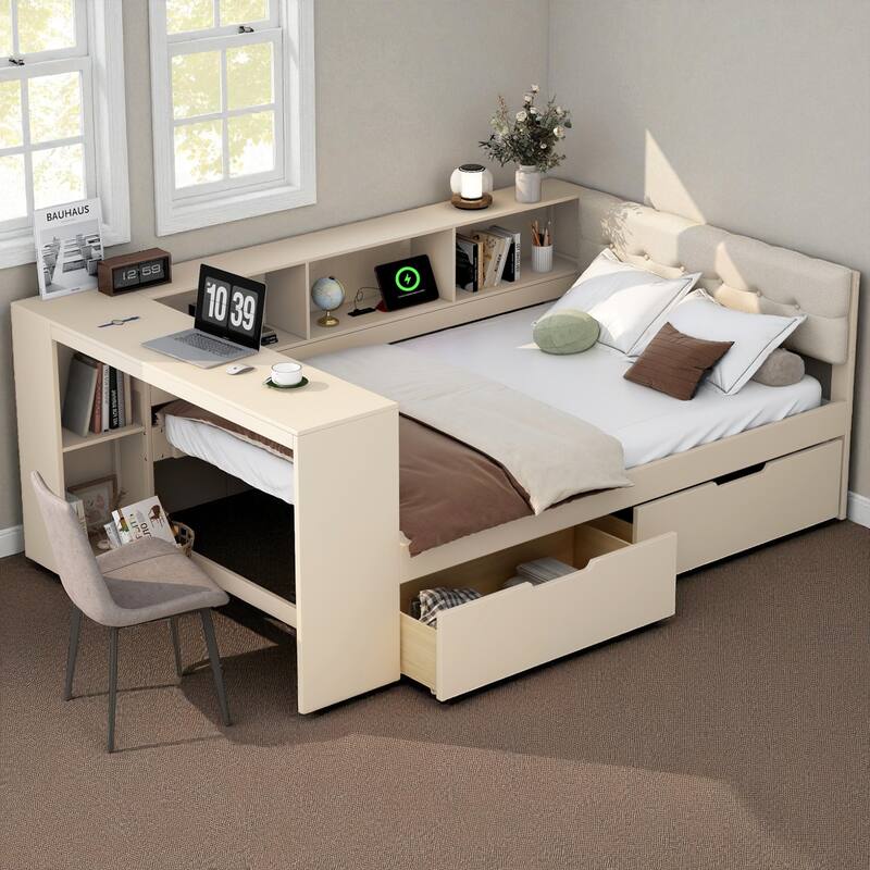 Wood Twin/Full Platform Bed with Upholstered Headboard, Storage Shelves, Drawers and Charging Station, No Box Spring Needed - Cream - Full