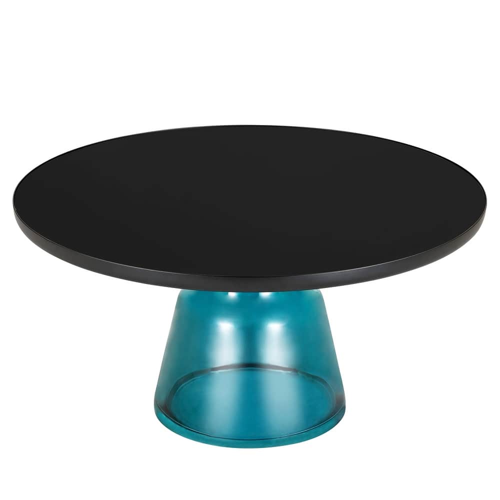 Tully Modern Round Coffee Table Glass/Stone Tabletop with Black Iron Rim Frame & Glass Pedestal Base for Living or Bed Room