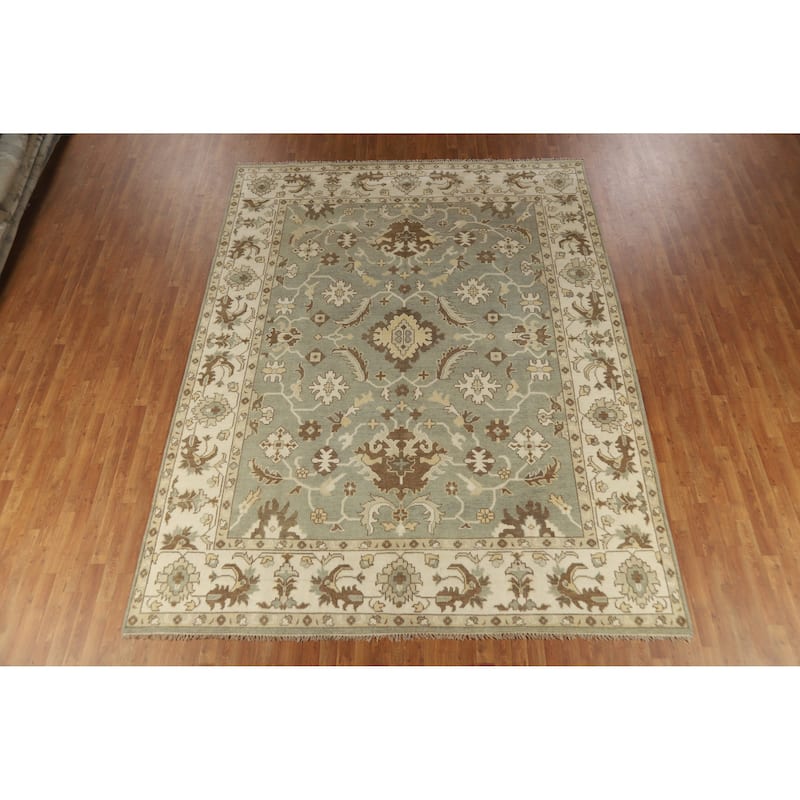 Light Green Floral Oushak Indian Area Rug Hand-Knotted Wool Carpet - 9'2" x 12'1"