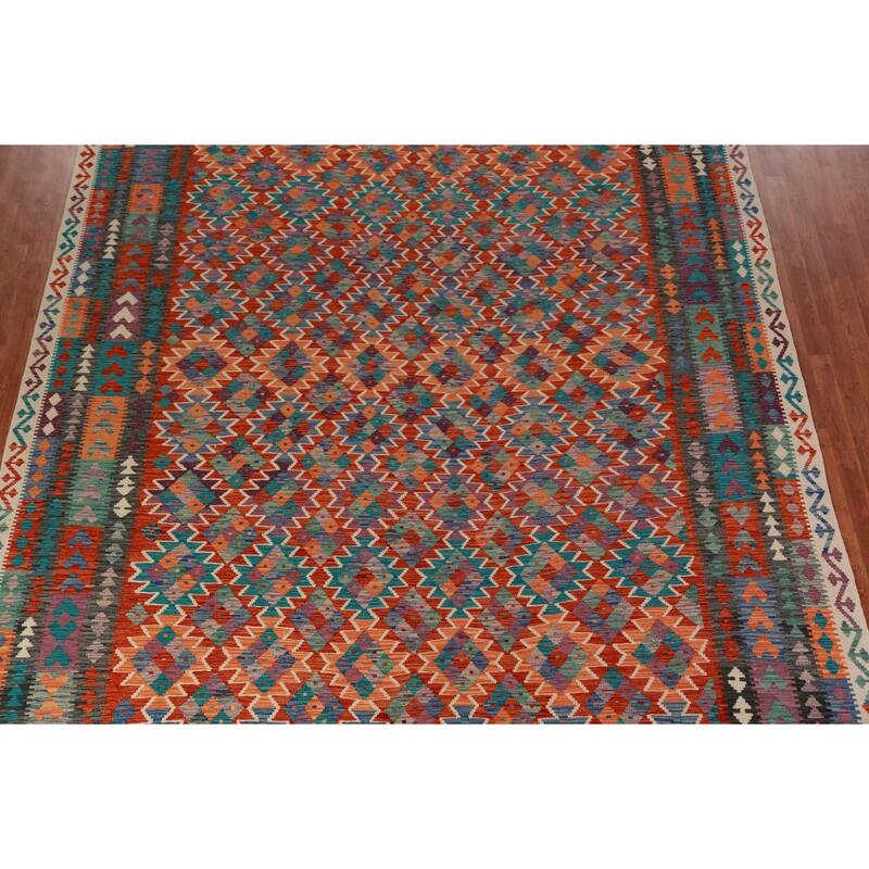 Reversible Kilim Area Rug Oriental Hand-Woven Wool Carpet - 9'11"x 13'0"