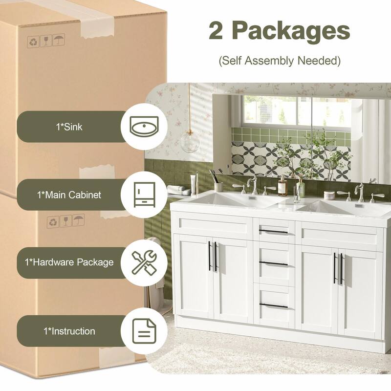 59.3" Double Sink Bathroom Vanity with SMC Top, MDF Cabinet with Solid Wood Frame & Soft-Close Doors